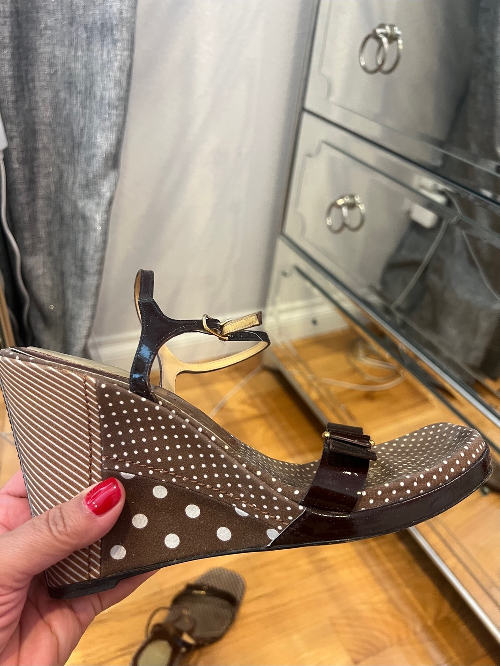 Casadei Brown Patent Leather Polka Dot Wedge Sandals - Picture 1 of 11